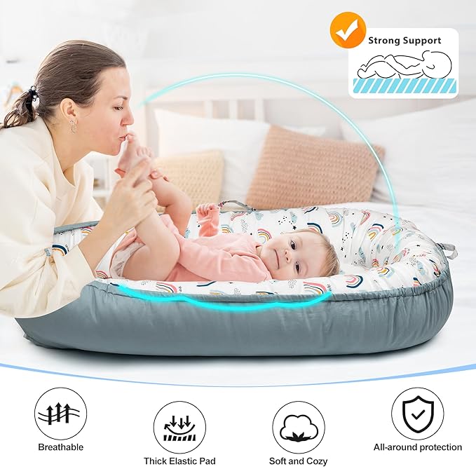 Baby Lounger - Baby Lounger for Newborn 0-24 Months, Breathable & Soft Baby Nest, Portable and Lightweight Lounger for Home and Travel, Ideal Newborn Babies Essentials (Blue-Rainbow)-CubbioJoy