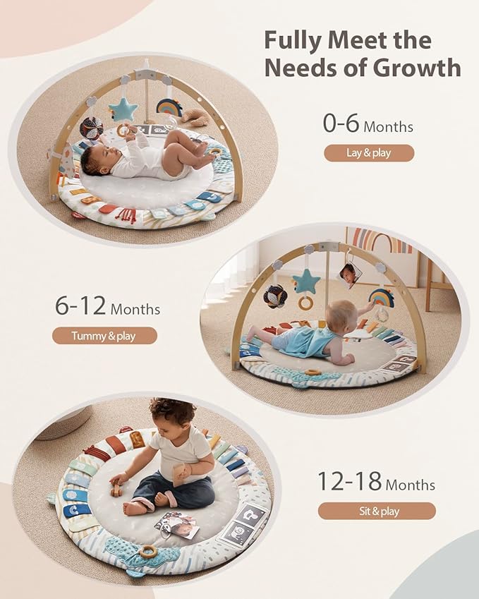 Blissful Diary Baby Play Gym & Activity Mat, 5 Developmental Zones Wooden Tummy Time Mat with 5 Detachable Sensory Toys for Motor Skills & Sensory Development, Baby Essentials Shower Gift-CubbioJoy