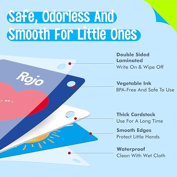 51 PCS Spanish Baby Cognitive Flashcards, Double Sided Printed 7 in 1 Colorful Cards Alphabet, Numbers, Foods, Animals, Shapes, Colors with 2 Reclosable Rings, Learning Tool for Toddlers-CubbioJoy