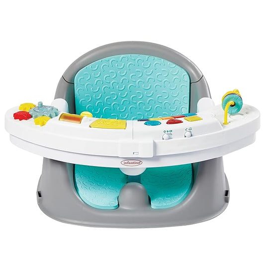 Infantino Music & Lights 3-in-1 Discovery Seat & Booster, Toddler Booster Seat for Dining Table or Kitchen Chair, Baby Activity Center & Snack Tray, Teal-CubbioJoy