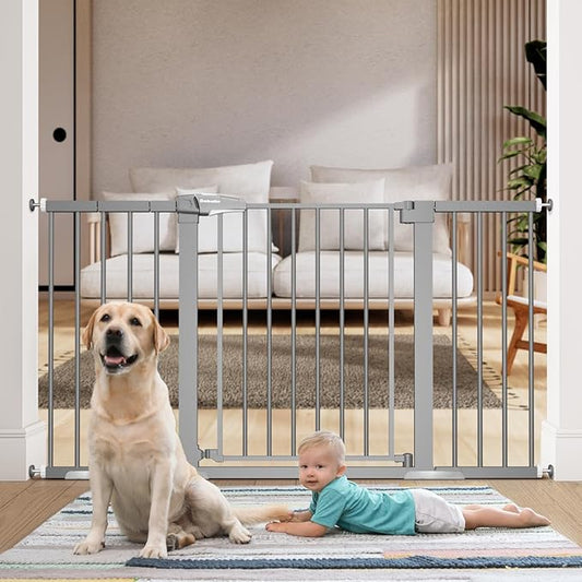 BABELIO 29-55 Inch Extra Wide Baby/Dog Gate, Metal Auto Close for The House and Doorways, Pressure Mounted Pet Door, NO Need Tools and Drilling, with Wall Cups, Gray-CubbioJoy
