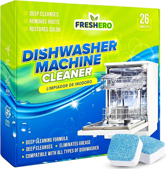 Dishwasher Cleaner and Deodorizer Tablets 26-Pack, Deep Cleaning Descaler for Dishwasher Machine, Heavy Duty, Septic Safe, Removes Grease & Build-ups, 1 Year of Cleaning Supplies (Unscented)-CubbioJoy
