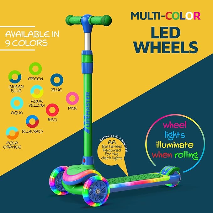 3-Wheel Kids Scooter with Multi-Color Lights on Deck & Wheels – 5-Height Adjustable Handlebar, Wide Anti-Slip Deck, Child Safety Certified, Boys & Girls Ages 3+ Supports Up to 150 lbs-CubbioJoy