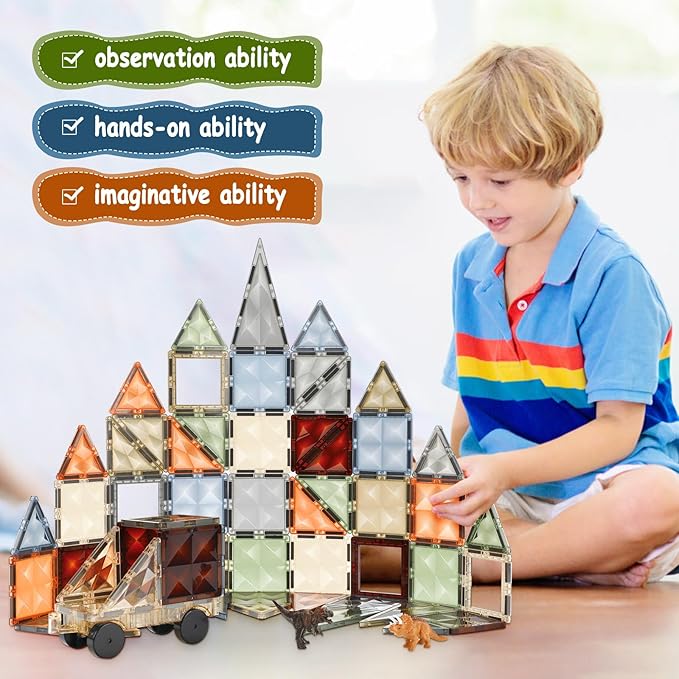 3D Magnetic Tiles, STEM Learning and Encourage Imaginative Play Magnetic Blocks, Preschool Puzzle Toys with Dinosaur, Gift for Boys and Girls 3 4 5 6 7 8 Years+-CubbioJoy