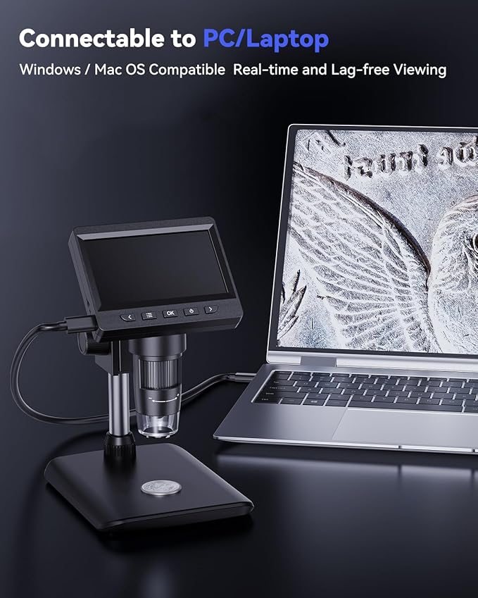 Digital Microscope, Coin Microscope with Light Adjustable Brightness 4.3" HD LCD Screen, 1000X Zoom PC View, Compatible with MacOS & Windows - Black-CubbioJoy