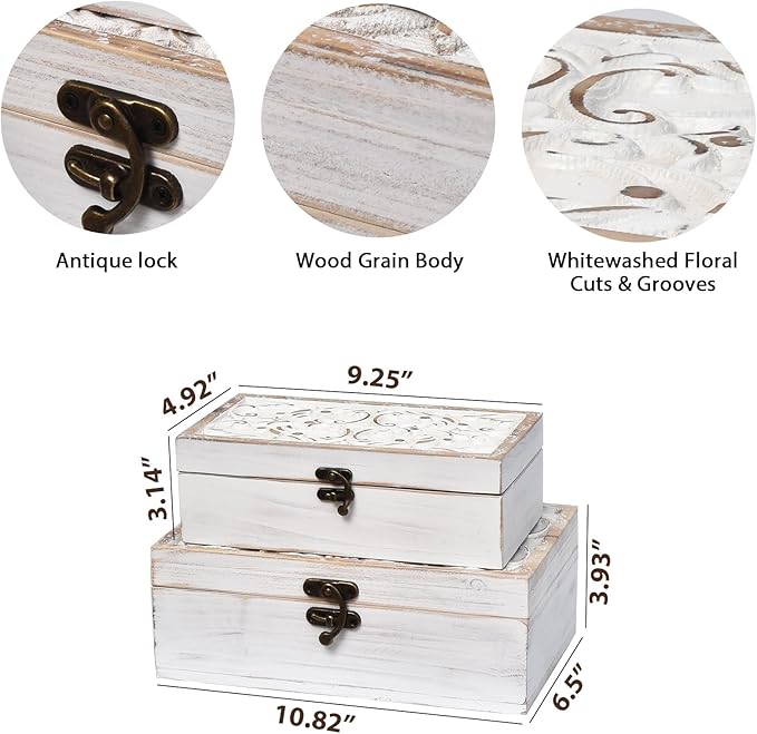 Decorative Wooden Box with Hinged Lid - Timeless Carved Floral Storage for Rustic Farmhouse Decor, Set of 2, White-CubbioJoy