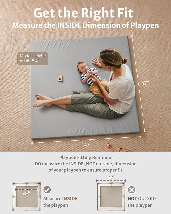 Blissful Diary Vegan Leather Baby Play Mat, 47x47 Thicken Foam Cushioned & Waterproof Playpen Mat for Infants and Toddlers, Stylish and Just Wipe-Clean Playmat for Baby Play on Floor, Light Gray-CubbioJoy
