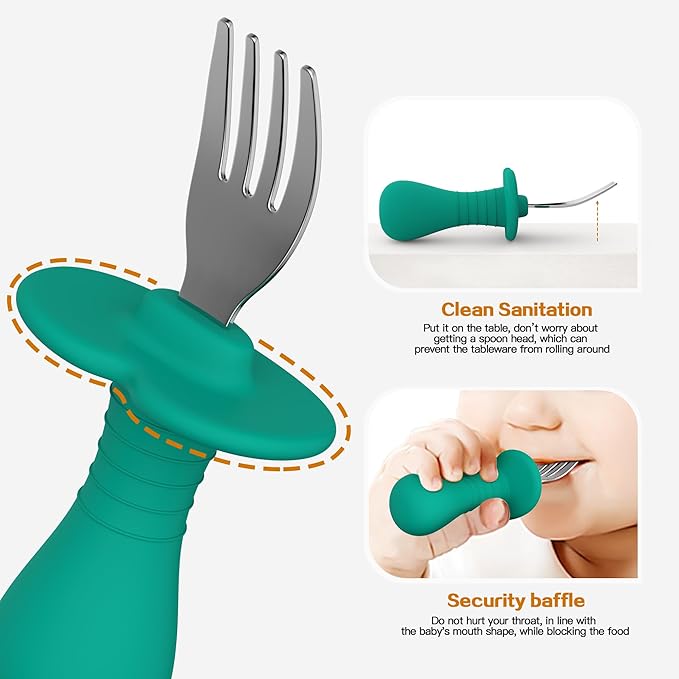2 Pcs Baby Forks Toddler Forks for Self Feeding, Kids Forks with Silicone Round Handle, Stainless Steel Toddler Utensils Children Safe Silverware Set, Anti-Choke Design, BPA Free-CubbioJoy