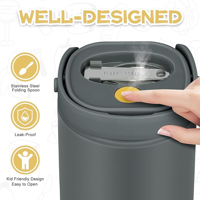 2 - in - 1 Soup Thermo for Hot Food 14oz with Snack Box Container Leak Proof Insulated Lunch Container Kids and Adults Stainless Steel Double Wall Vacuum Wide-mouth Thermal with Spoon and Handle-CubbioJoy
