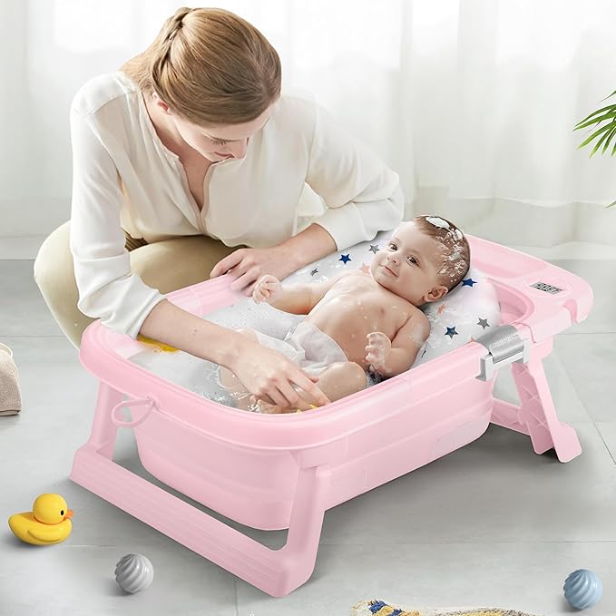 Collapsible Baby Bathtub,Baby Bath Tub with Thermometer & Soft Cushion,Baby Bathtub for Newborn to Toddler 0-36 Months,Portable Travel Baby Tub with No-Slip Feet,Baby Shower Gifts,Pure Pink-CubbioJoy