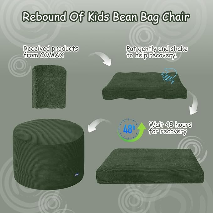 COMAX Kids Bean Bag Chair Turn into Beanbag Bed, Toddler Bean Chair Corduroy for Girl Boy Sleeping, Lazy Children Bean Bags with Filler, Convertible Child Floor Mattress, Dark Green-CubbioJoy
