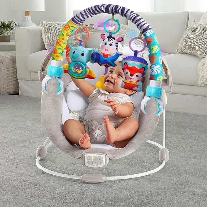 Baby Stroller Arch Mobile With Universal Clamps - Clip-On Activity Bar for Bassinet, Bouncer, Crib, Car Seat - Musical Infant Toys With Elephant Squeaker and Zebra Rattle-CubbioJoy