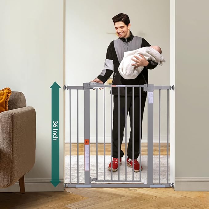 BABELIO 36-Inch Tall Baby Gate, 26-40" Wide Auto-Close Pet Gate, Easy Install and No-Drilling, Pressure Mounted with Wall Protectors and Extension Kits, Gray-CubbioJoy