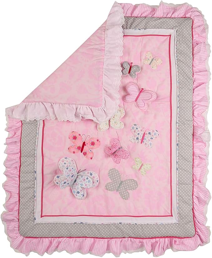 7 PCs Pink Embroidery Butterfly Nursery Crib Bedding Set 100% Cotton Baby Girl 3D Butterfly Themed Cot Bedding Set 1 Quilt, 2 Fitted Sheet, 1 Window Valance, 3 Butterfly Shaped Wall Decor-CubbioJoy