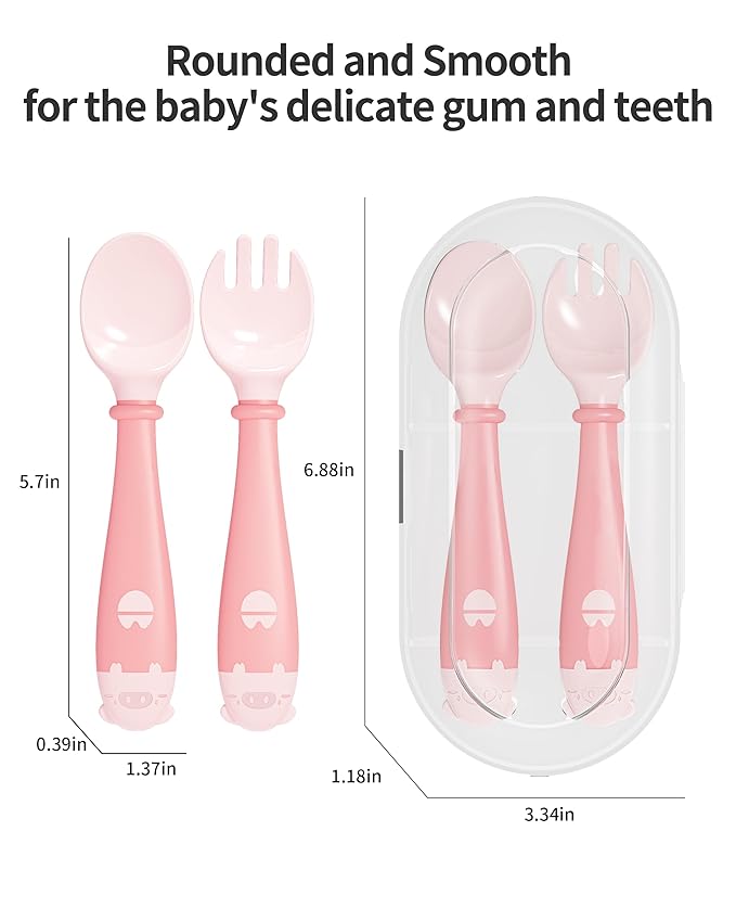 Deejoy Toddler Utensils with Travel Case, Baby Spoons and Forks Set for Self Feeding, Silicone Bendable Handle, Easy Grip Heat-Resistant, Self-feeding Flatware Sets for Kids (Stage 2) Pink-CubbioJoy