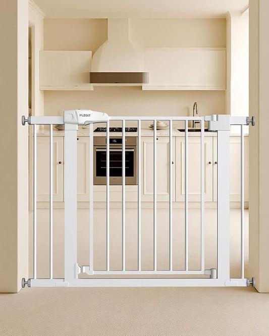 Baby Gate for Stairs, 29.5-40.5" Dog Gate for Doorways, Walk Thru Auto Close Metal Child Gate for The House, Stairs and Doorways, Pressure Mounted Pet Gate for Dog Indoor (White)-CubbioJoy