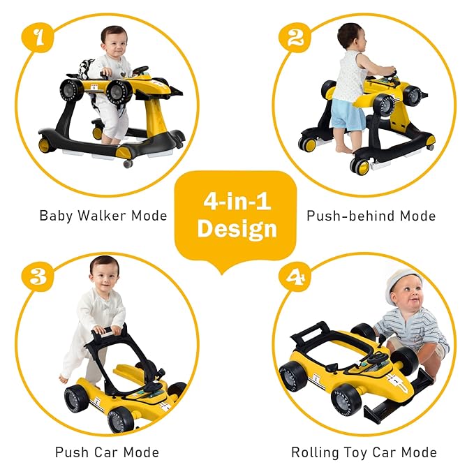 BABY JOY 4-in-1 Baby Walker, Foldable Activity Walker with Adjustable Height & Speed, Music, Lights, Anti-Rollover, Toddler Push Walker, Baby Walker with Wheels for Boys Girls 6-18 Months (Yellow)-CubbioJoy