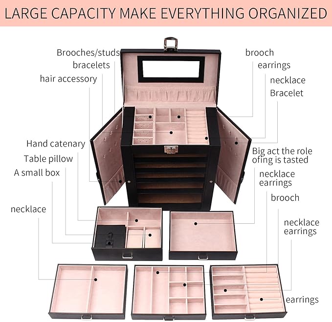 6 Tier Jewelry Box, Jewelry Case with 5 Drawers, Large Storage Capacity, with Mirror, Lockable, Jewelry Storage Organizer, Gift for Loved Ones-CubbioJoy