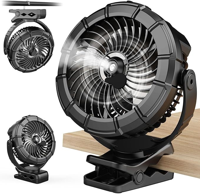 Ausic 3-in-1 Portable Clip on Fan with Misting & LED Lights & Hook, 100ML Baby Stroller Fan, 5200mAh Rechargeable Battery Operated & 360° Rotation & 3 Speeds for Table Outdoor Travel Camp Golf Cart-CubbioJoy