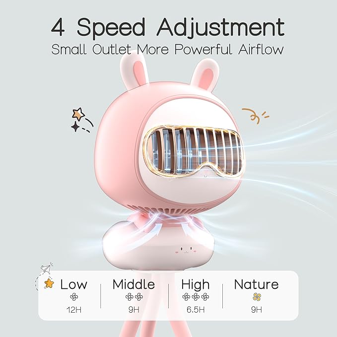 Cute Bunny Stroller Fan Clip On for Baby, Bladeless Fan 4000mAh Rechargeable Battery Operated, Flexible Tripod, 4 Speeds, Auto Oscillating, Small Cooling Fan for Kids-CubbioJoy