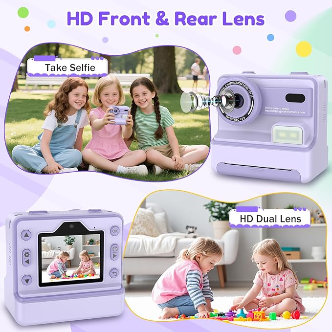 Instant Camera, Instant Print Camera for Kids with 1080P Videos, Front Rear Dual Selfie, 3 Rolls Print Paper & 32GB SD Cards, Christmas Birthday Gifts for Girls Age 3-12-CubbioJoy