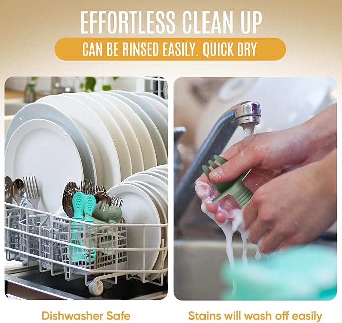 4pc Silicone Baby Spoons Self Feeding Baby Utensils 6-12 Months - 3 Baby Spoon - 1 Baby Fork - Toddler Cutlery Set - BPA Free, Dishwasher Safe - Baby Eating Essentials (Turquoise/Pickle)-CubbioJoy