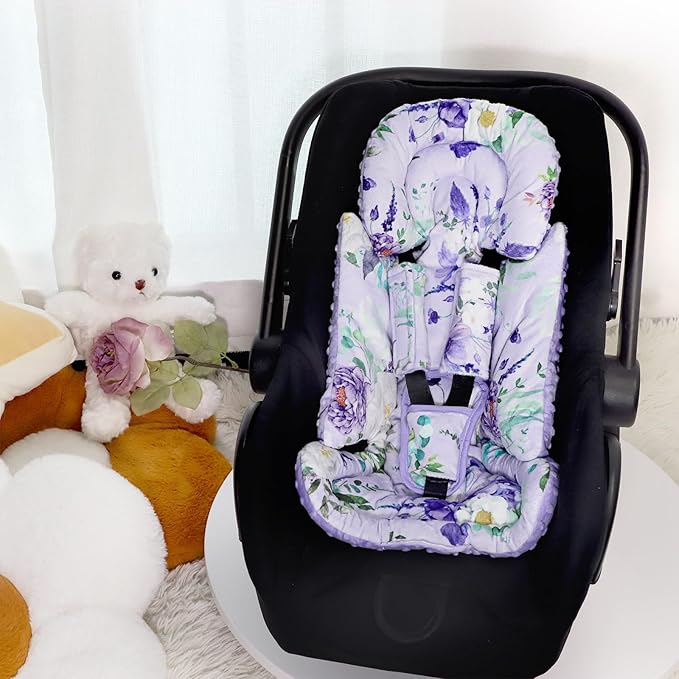 Infant Car Seat Insert and Strap Covers, Very Soft Car Seat Head Support Baby Girl Boy, Reversible Newborn Carseat Insert Cushion Fits for Stroller, Baby Swing, Bouncer (Purple Floral)-CubbioJoy