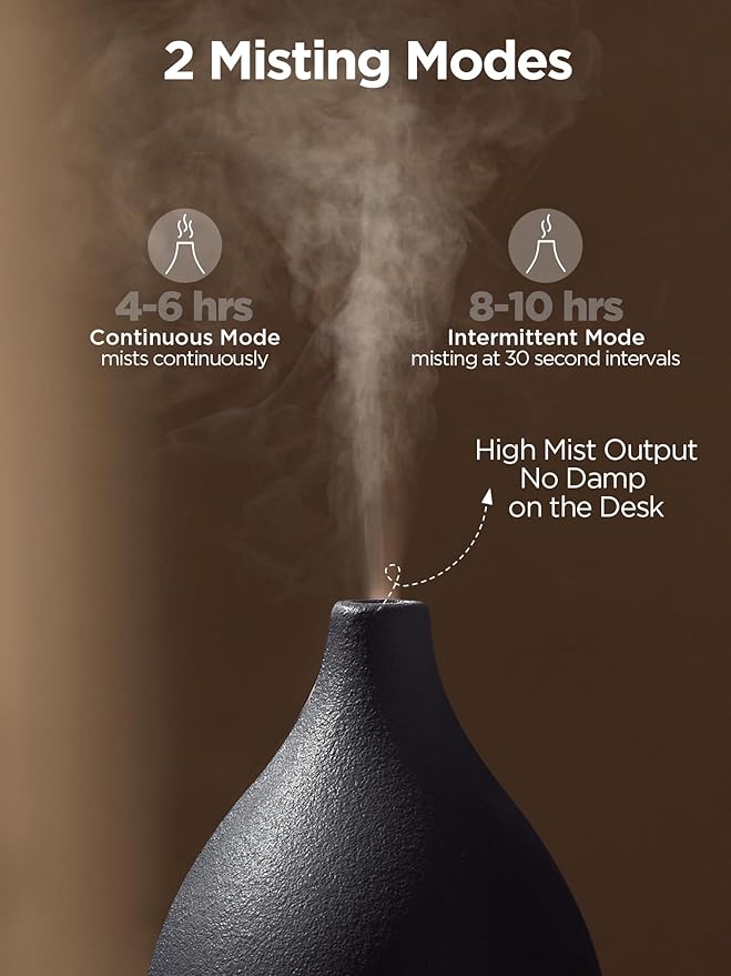 InnoGear Oil Diffuser, 150ML Ceramic Diffuser for Essential Oils Handcrafted Aromatherapy Diffuser Ultrasonic Cool Mist Humidifier with 2 Mist Modes Waterless Auto Off for Room Office, Black-CubbioJoy