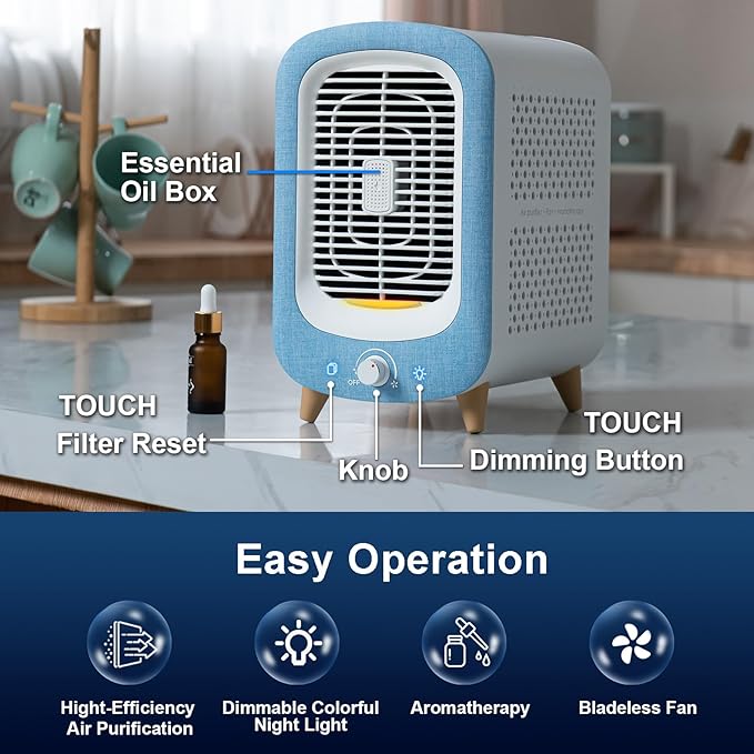 Jafanda Air Purifier for Home Bedroom 780sq ft, HEPA & Activated Carbon, Air Cleaner with Fragrance Sponge & Nightlight for Smoke, Allergies, Dust, Odor, VOC, Pet Dander, Pollen, Office, Desktop,Blue-CubbioJoy