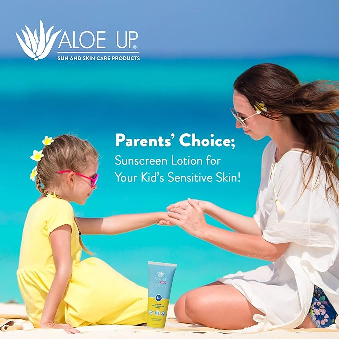 Aloe Up Kids Sport Sunscreen Lotion SPF 50 - Broad Spectrum Sheer Face and Body Sunscreen Protector for Sensitive Skin - With Aloe Vera Gel - Dries Fast - Reef Safe - Fragrance-Free - 6 Oz-CubbioJoy