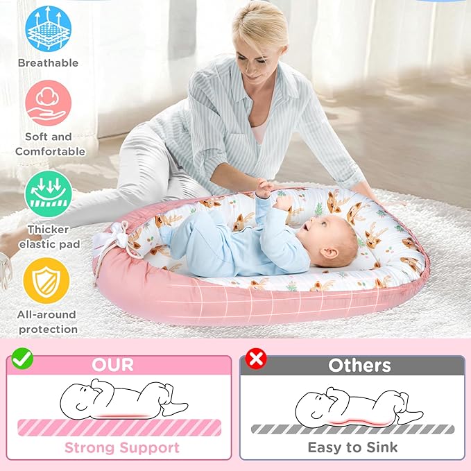 Baby Lounger - Baby Lounger for Newborn 0-24 Months, Breathable and Soft Cotton Cover Baby Nest, Portable Cozy Tummy Time Lounger for Home and Travel, Ideal Baby Essentials & Shower Gifts-CubbioJoy