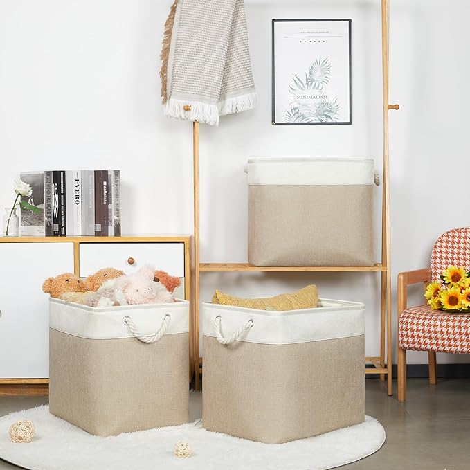 Bidtakay Extra Large Storage Baskets for Organizing 17x12x15.1 inch 3-Pack Fabric Closet Organizers Storage Bins with Handles Foldable Storage Baskets for Shelves Clothes XL-White&Beige-CubbioJoy