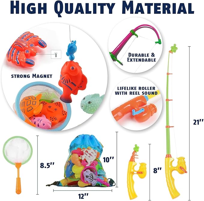 CozyBomB™ Magnetic Fishing Toys Game Set for Kids | Water Table Bathtub Kiddie Pool Party & Pole Rod Net, Plastic Floating Fish Toddler Color Ocean Sea Animals Birthday Age 3 4 5 6 Year-CubbioJoy