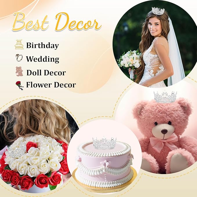CAVETEE Mini Crown Cake Topper, Small Princess Tiara Crystal Crown Flower Bouquets Accessories for Cake Topper, Flower Arrangements and Decorations (silver)-CubbioJoy