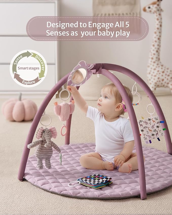 Blissful Diary Baby Play Gym Mat, Tummy Time Activity Mat with 6 Detachable Toys for Stage-Based Sensory & Motor Skill Development, Easy to Install & Clean, Baby Essentials Gift, Lavender Pink-CubbioJoy