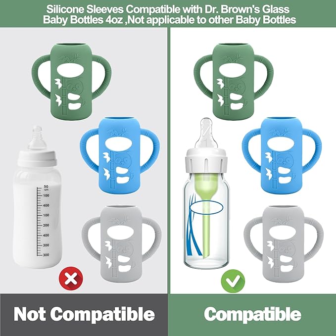 BUSOHA 3 Pack Silicone Sleeves for Dr. Brown's Glass Baby Bottles - Drop Protection Baby Bottle Sleeves Compatible with Dr. Brown's Newborn Glass Bottles with Silicone Handles,4 oz-CubbioJoy