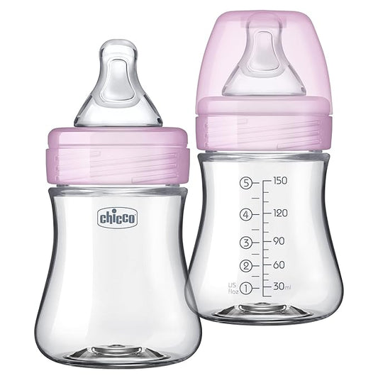Chicco Duo 5oz. Hybrid Baby Bottle with Invinci-Glass Inside and Plastic Outside | Dishwasher, Bottle Warmer, and Electric Sterilizer Safe | Intui-Latch Nipple | Clear/Grey, 2pk-CubbioJoy