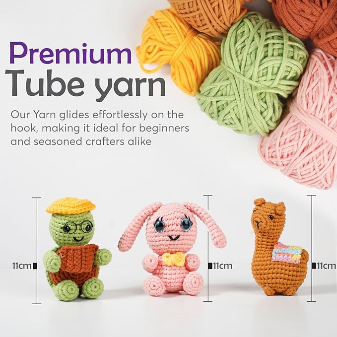 A-URA Learn to Crochet Kit for Beginners Kids and Adults, Premium 3 Animal Pattern Large Size Beginner Crochet Kits with Easy Tube Yarn & Step-by-Step Video Tutorials (Safari Friends–Larger Plushies)-CubbioJoy
