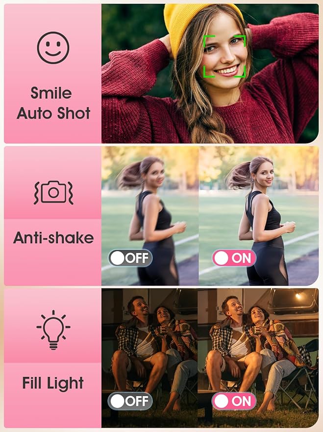 Digital Camera,Autofocus 4K Vlogging Camera for Photography with 32GB Card,48MP Portable Compact Point and Shoot Digital Camera for Teens Adult Beginner with 16X Zoom,Anti-Shake,2 Batteries(Pink)-CubbioJoy