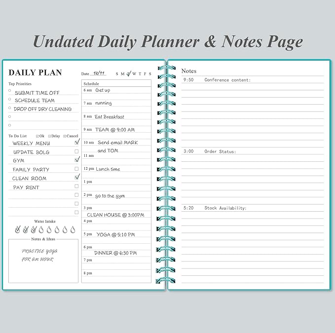 Daily Planner Undated - A5 To Do List Notebook Hourly Schedules, Spiral Appointment Planner for Women and Men, PVC Hardcover, Inner Pocket, Elastic Closure, 5.8" x 8.3", Teal-CubbioJoy
