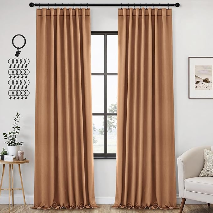 ANRODUO Back Tab Blackout Curtains for Bedroom Living Room, Rod Pocket Pinch Pleated Thermal Insulated Room Darkening Curtains 96 Inches Long 2 Panels, Brown, 42 x 96 Inch-CubbioJoy