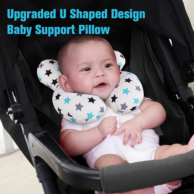 KAKIBLIN Baby Neck Pillow, Upgraded Baby Support Pillow, Head Pillows for Carseat, Newborn Neck Support for Car Seat,Pushchair,Travel (White Star)-CubbioJoy