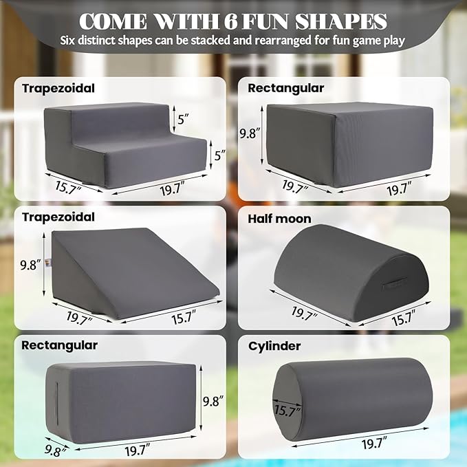 jela Foam Blocks 6Pcs Soft Play Equipment Waterproof Fabric, UV Resistant Toddler Climbing Toys Indoor& Outdoor Soft Play Climbing for Toddlers, Lightweight Climbing Blocks for Babies, Kids (Darkgrey)-CubbioJoy