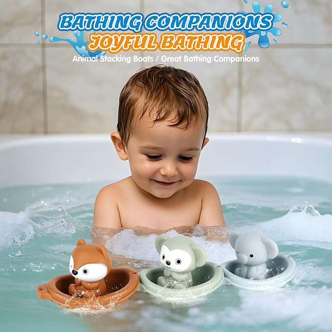 Bath Pool Toys for Toddler, Stacking Toys with 3 Boat 3 Sensory Finger Puppets, Toddler Toys Gifts for 2-4 Year Old Boy Girl, Model A-CubbioJoy