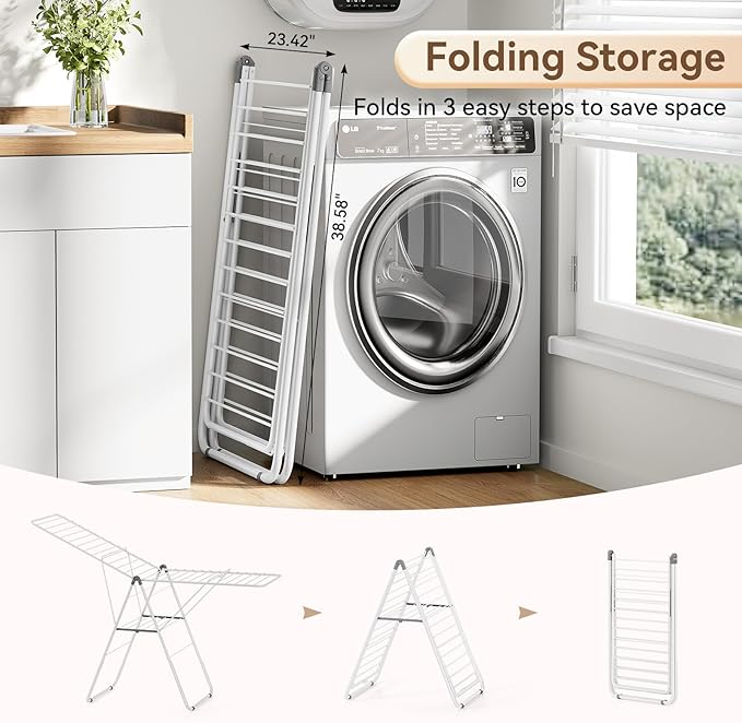 APEXCHASER Clothes Drying Rack, Foldable Drying Rack Clothing, Sturdy Metal Laundry Drying Rack, Height-Adjustable Gullwing, Easy to Fold, Space-Saving, for Indoor Outdoor, White-CubbioJoy