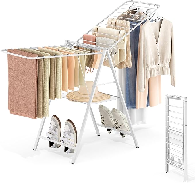 APEXCHASER Drying Rack for Clothing Foldable, Metal Laundry Rack Collapsible, Ultra Thin Gullwing Clothes Airer with Adjustable Height for Towel Baby Clothes Indoor Outdoor Laundry Room, White-CubbioJoy