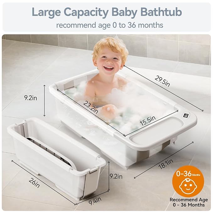 Collapsible Baby Bathtub with Stand - Large Capacity Baby Bath Tub with Thermometer & Soft Cushion | Portable Travel Newborn Infant Bathtub | Foldable Toddler Bathtub for Baby 0 to 36 Months-CubbioJoy