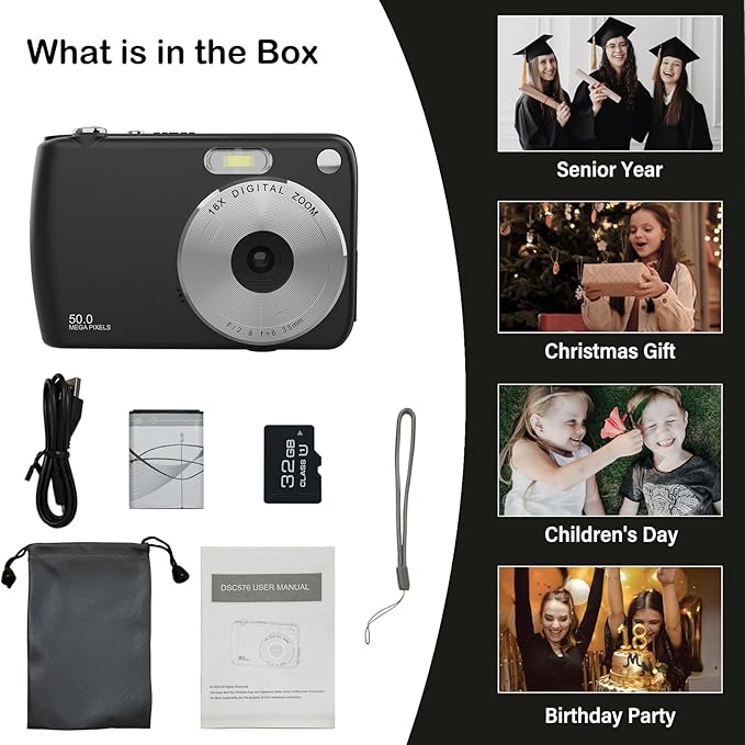 Digital Camera, Kids Cameras for 50MP FHD 1080P, Digital Point and Shoot Camera with 16X Zoom Anti Shake, Compact Small Cameras Gift for Boys Girls Kids, Black-CubbioJoy