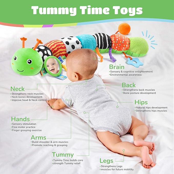 Baby Toys 6-12 Months Music Caterpillar Infant Toys Stuffed Animals 0-3-6 Months Tummy Time Teething Sensory Toys with Mirror Rattle&Pull String for Boys Girls Birthday Gifts|Green,Knot Limb-CubbioJoy