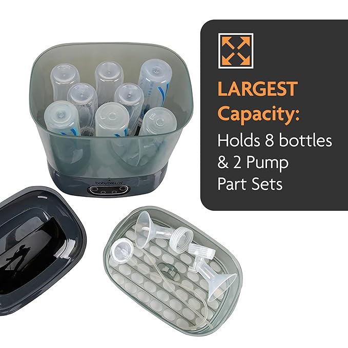 Baby Brezza Bottle Sterilizer and Dryer Advanced – 33% Faster - Largest Capacity Steam Sanitizer - Universal Sterilization Machine for All Bottles + Pump Parts - HEPA Air Filter, Charcoal-CubbioJoy